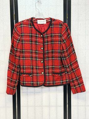 Fundamental Things Petites Plaid Boucle Button Jacket 12 Red Black Braid Edge